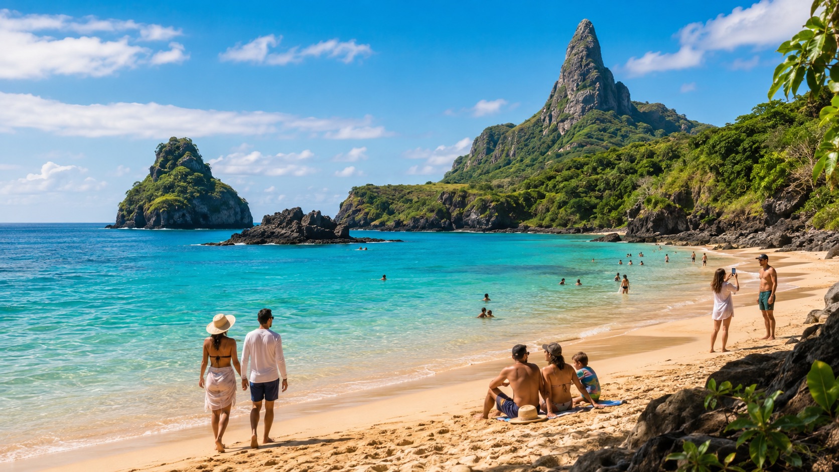 Praia de Fernando de Noronha com o Morro do Pico ao fundo